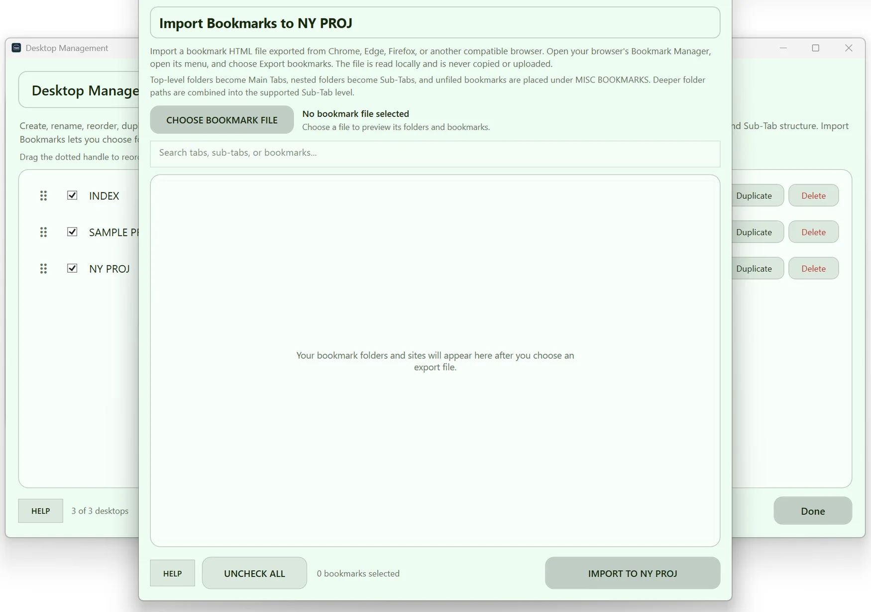 ToolBoxManager V16 screen related to Import browser bookmarks from HTML